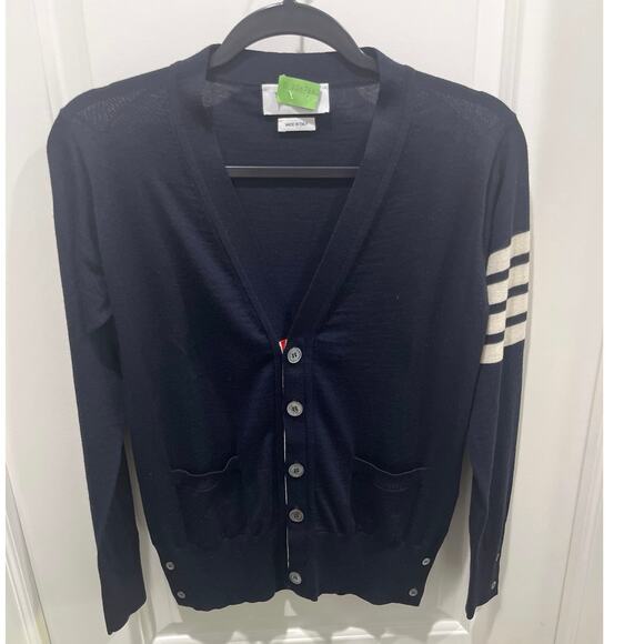 THOM BROWNE Men's 4-Bar Wool Navy Blue Cardigan Sweater Sz 0 - Picture 3 of 10